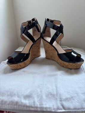 Material Girl Black Patent Cork Platform Wedge Sandals